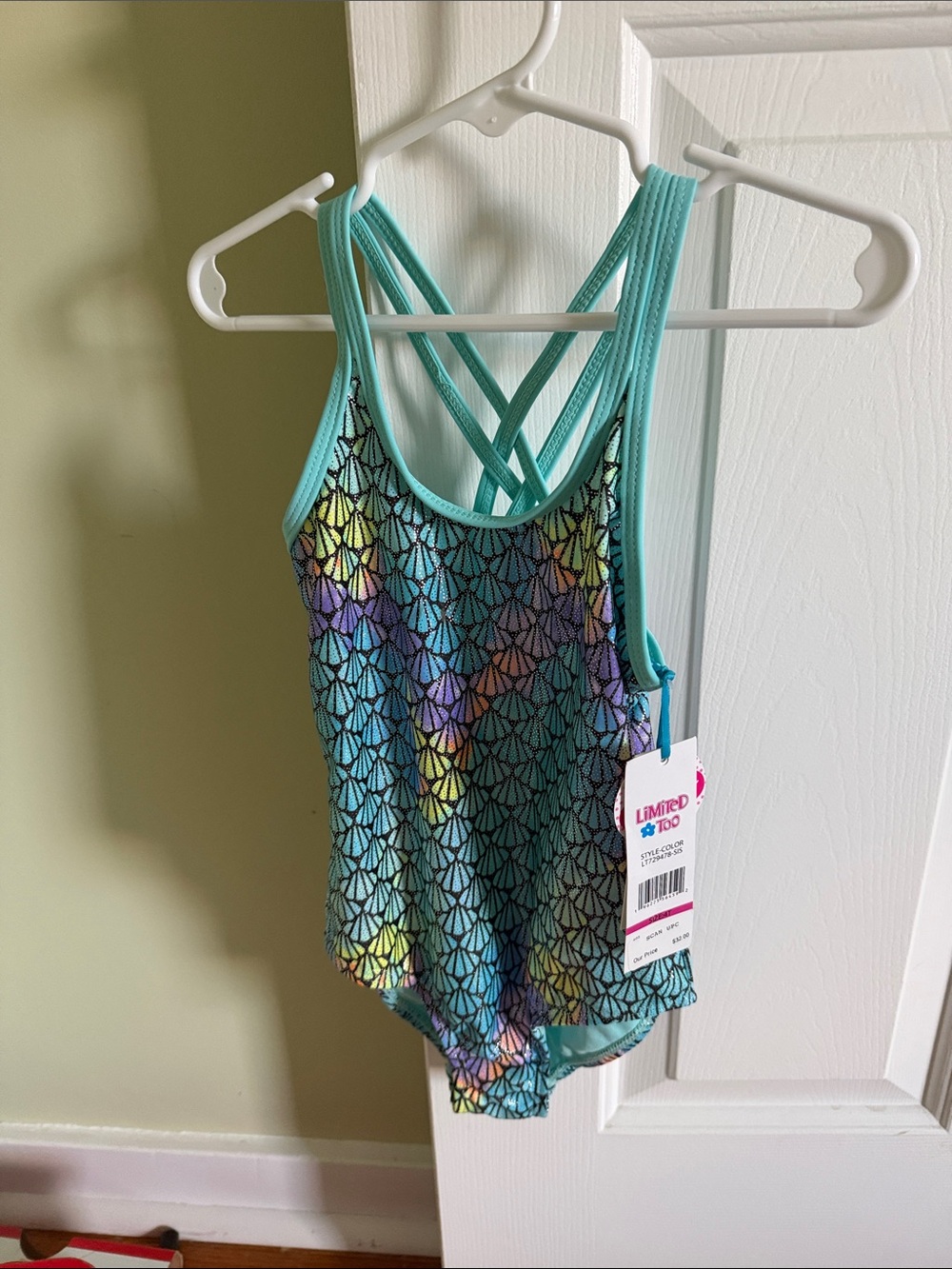 Limited Too Girls Aqua Mermaid Scale One-Piece Swimsuit with Rainbow Accents